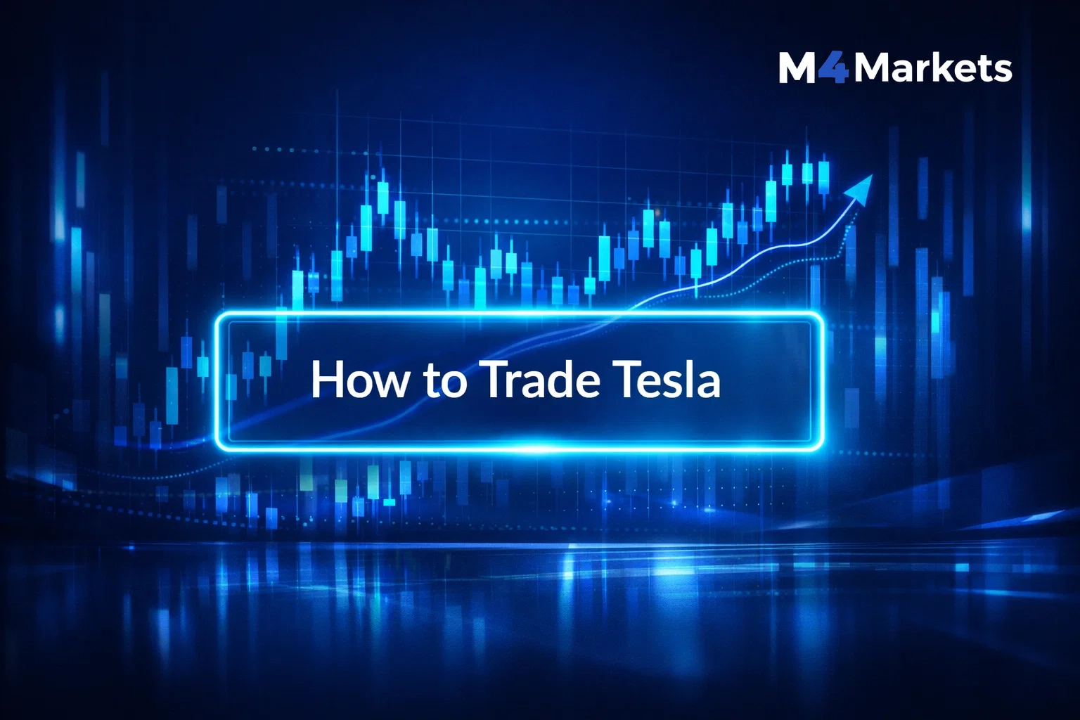 Futuristic digital environment showing a professional candlestick chart and text explaining how to trade Tesla stock.