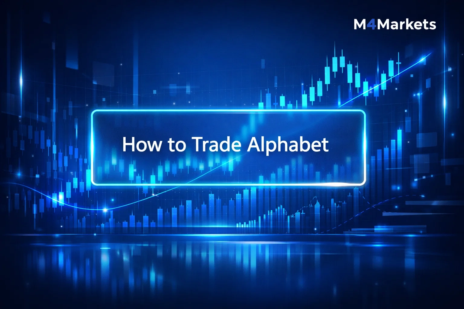 Futuristic financial scene with a glowing candlestick chart and Alphabet trading text on a deep navy background.