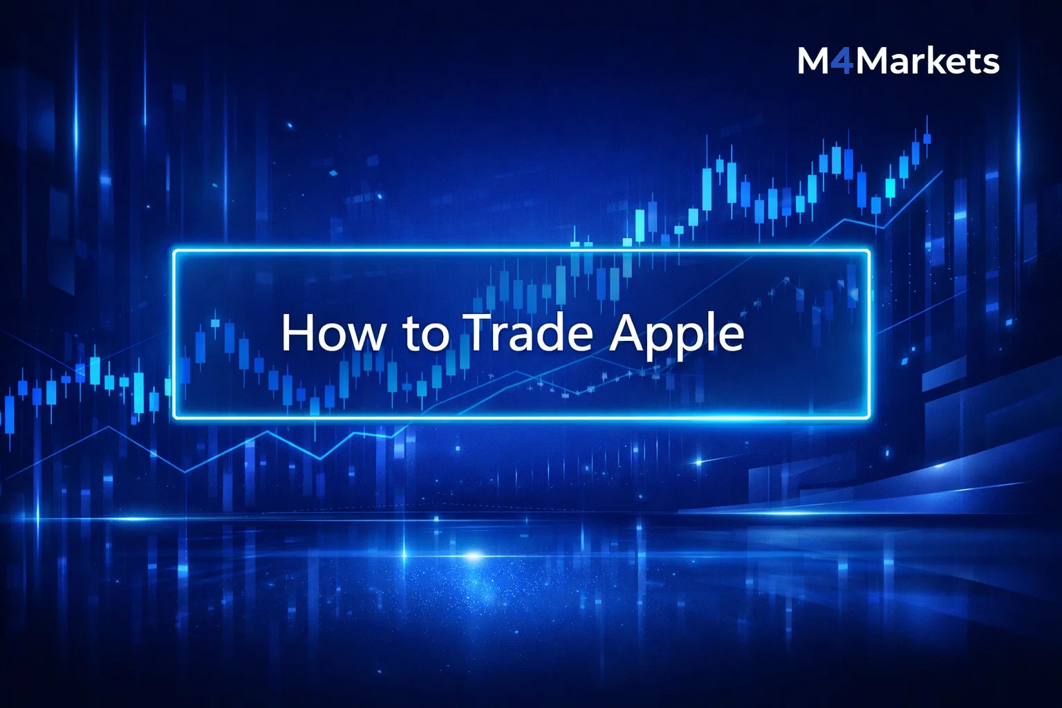 Futuristic financial scene with a digital candlestick chart for trading Apple stock.