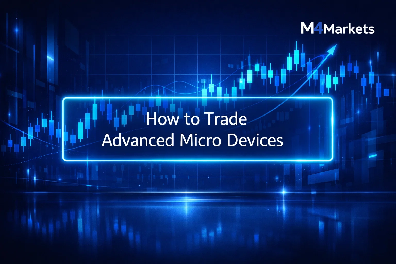 Futuristic digital dashboard showing Advanced Micro Devices stock charts with neon blue financial indicators.