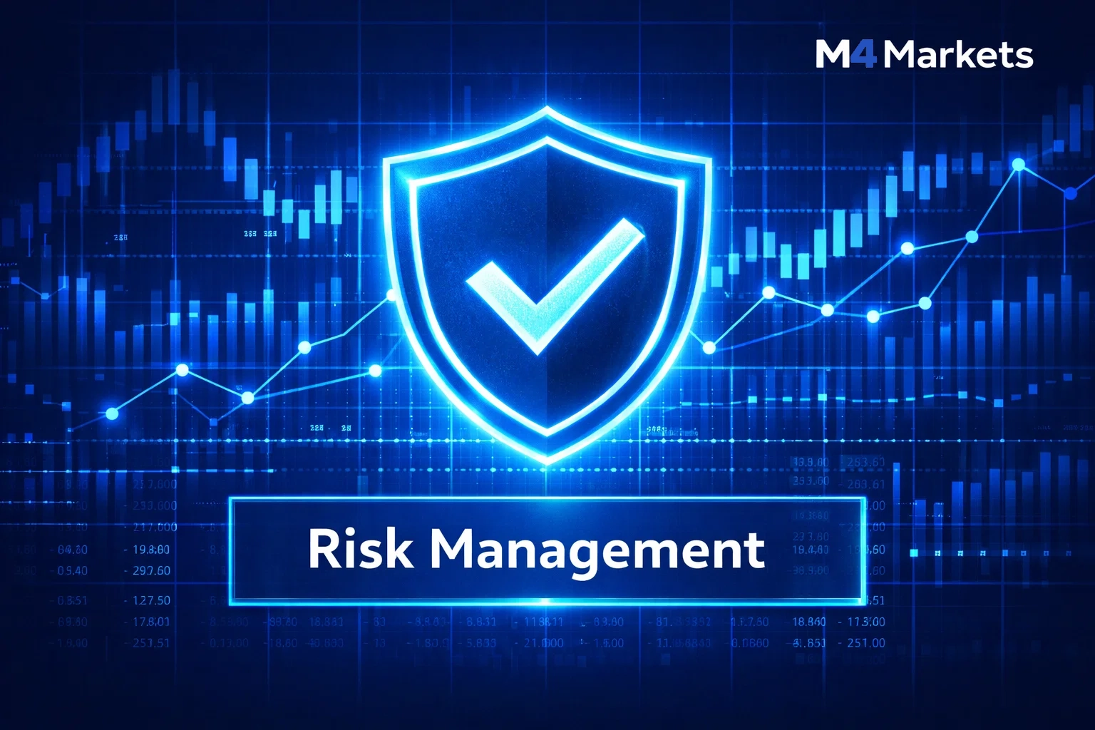 Secure digital visualization of risk management for Meta Platforms trading featuring a glowing shield and data grid.
