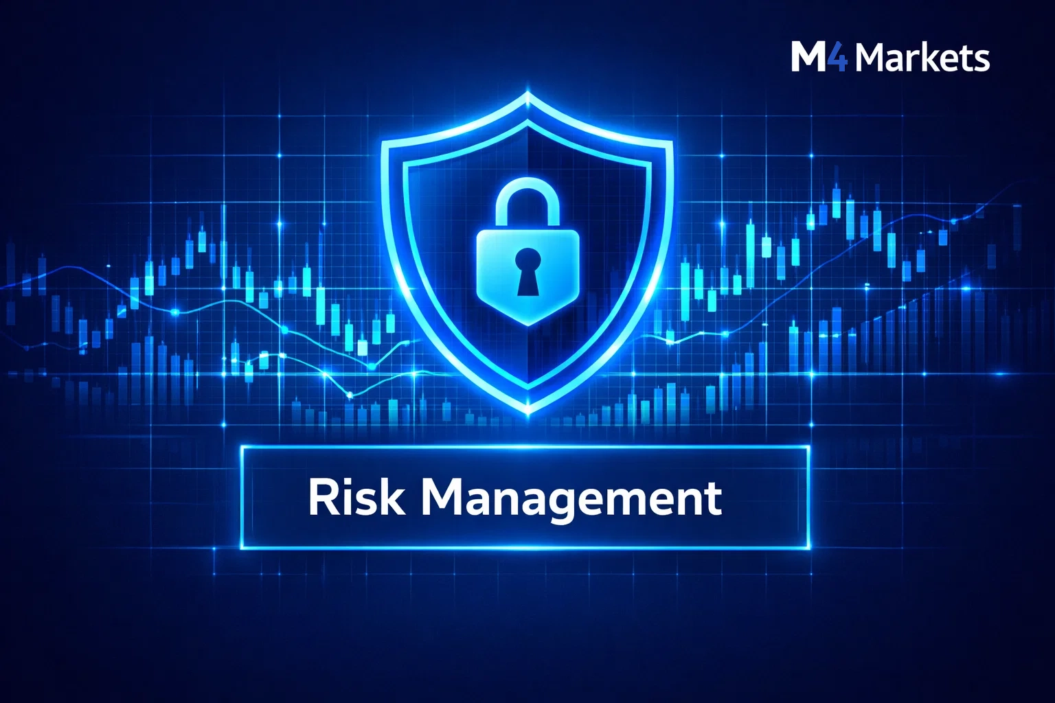 A secure digital shield icon over a financial grid representing risk management in Microsoft trading.