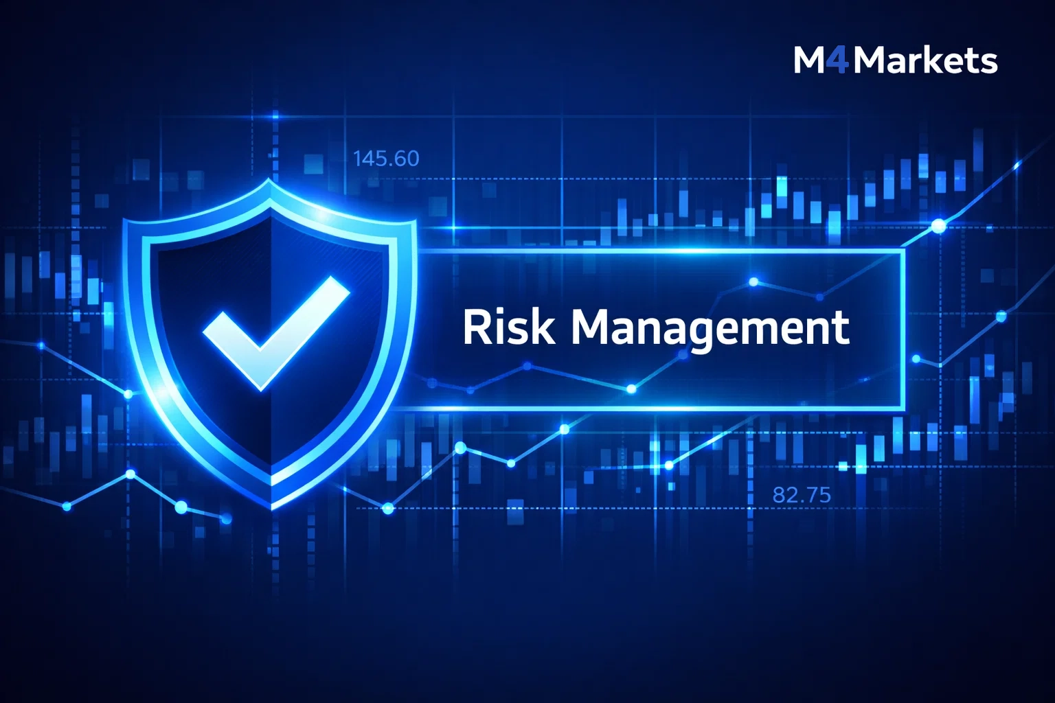 Secure digital visualization with a glowing shield icon and financial grid representing trading risk management strategies.
