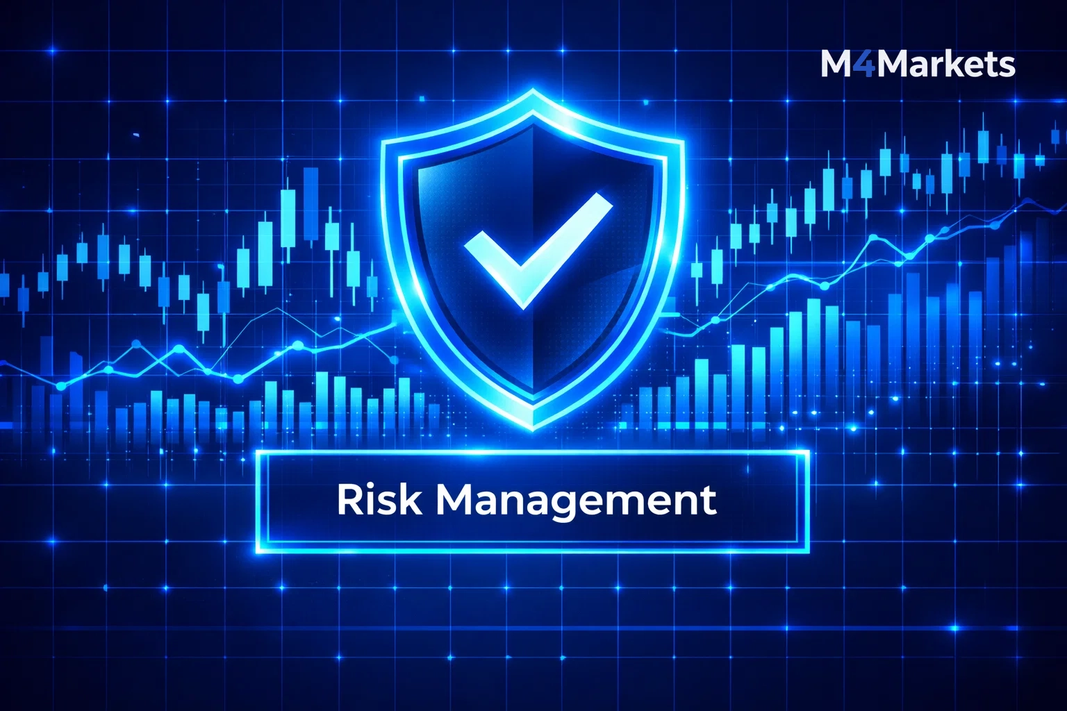 A secure digital visualization of a glowing shield and financial grid representing trading risk management.