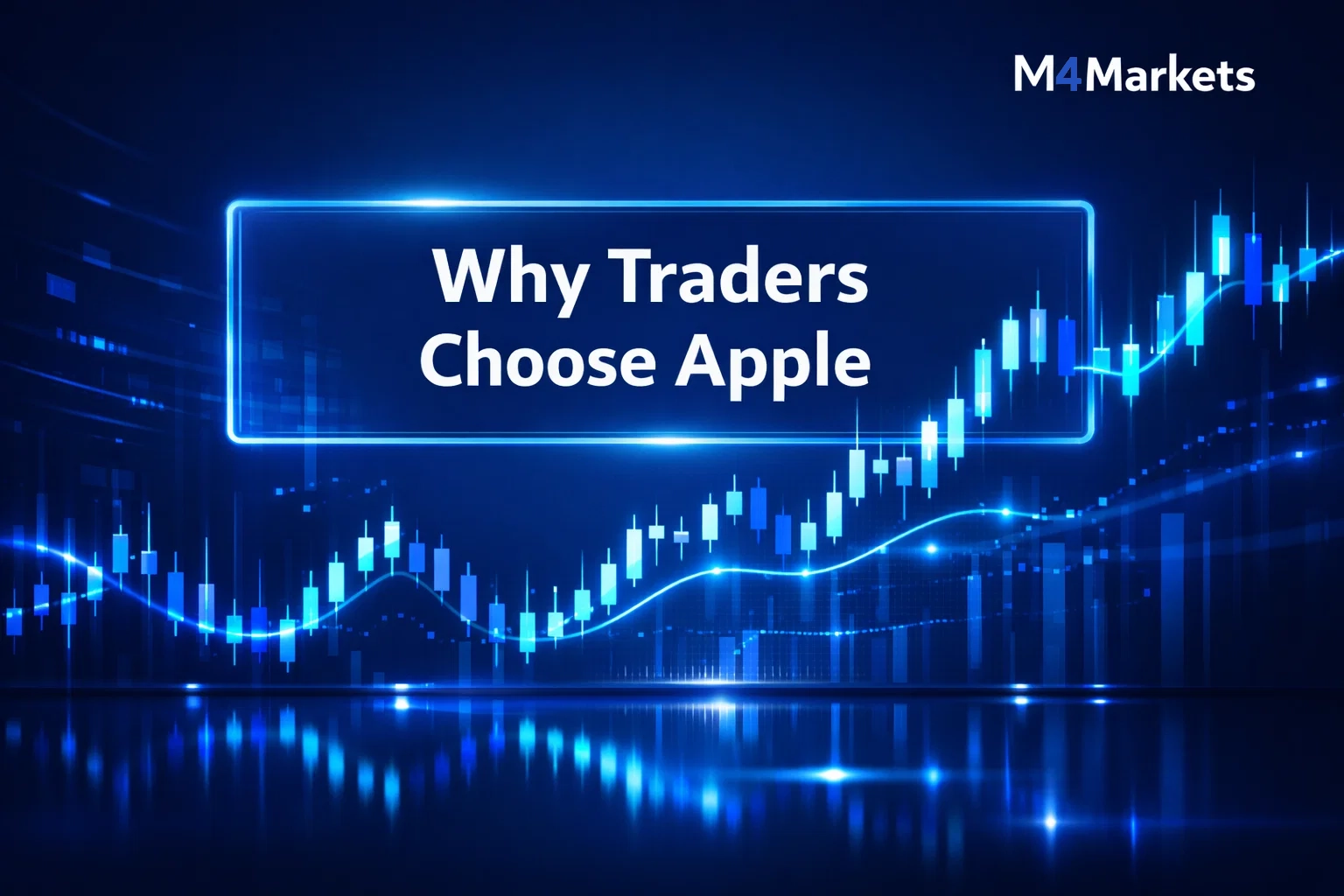 Digital visualization of market activity and candlestick charts explaining why traders choose Apple.