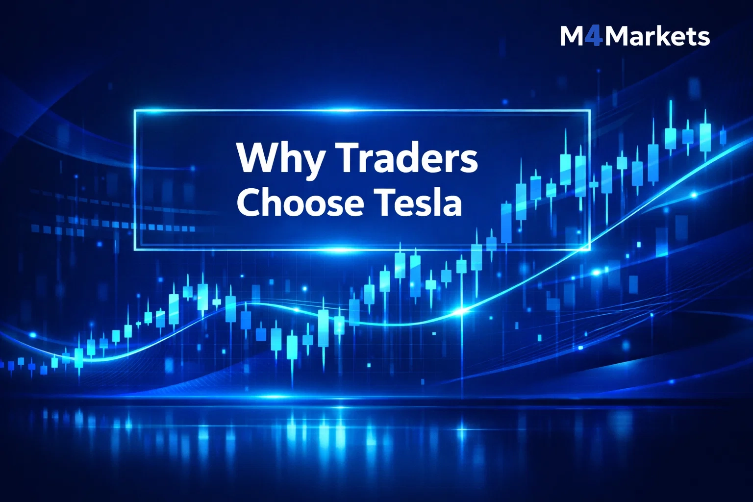 High-tech financial visualization with a pulsing chart and text highlighting why traders choose Tesla shares.