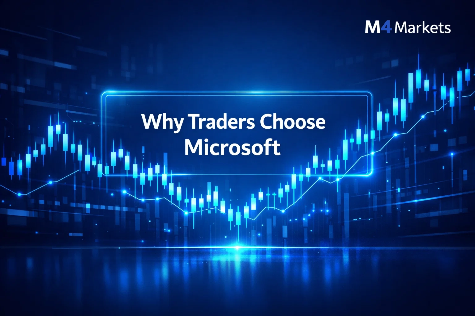 High-tech financial background with a dynamic candlestick chart highlighting why traders choose Microsoft.