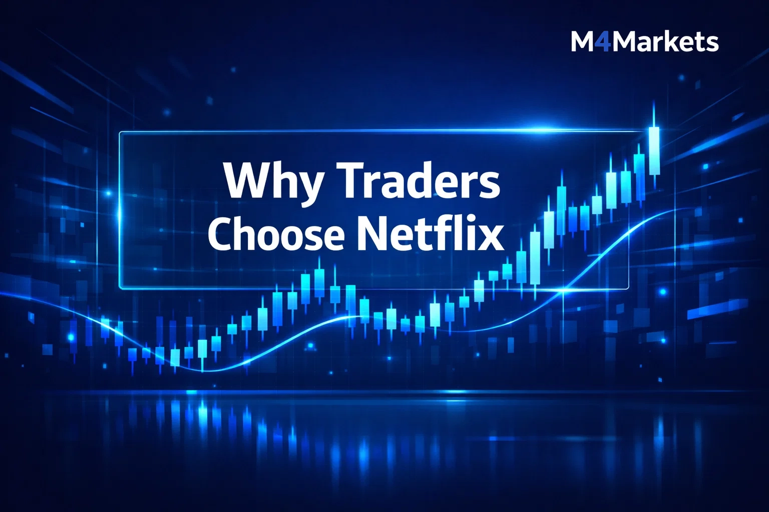 High-tech financial background with a pulsing blue candlestick chart and text highlighting why traders choose Netflix.
