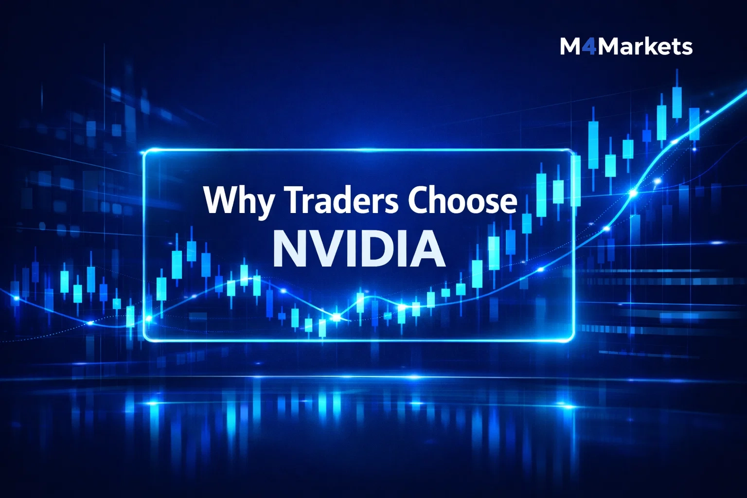A professional digital financial scene with a candlestick chart explaining why traders choose NVIDIA shares.
